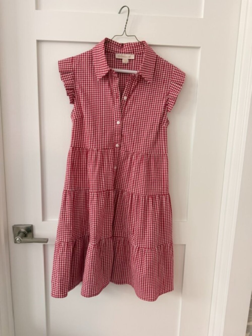 Monteau Red Gingham Collared Pleated Sleeves Dress, XS
